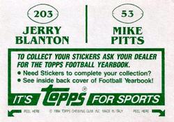 1984 Topps Stickers #53 / 203 Mike Pitts / Jerry Blanton Back