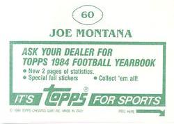 1984 Topps Stickers #60 Joe Montana Back