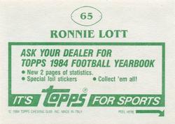 1984 Topps Stickers #65 Ronnie Lott Back