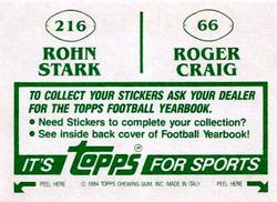 1984 Topps Stickers #66 / 216 Roger Craig / Rohn Stark Back