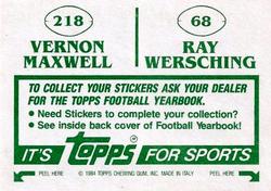 1984 Topps Stickers #68 / 218 Ray Wersching / Vernon Maxwell Back