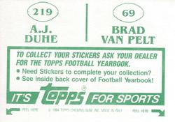 1984 Topps Stickers #69 / 219 Brad Van Pelt / A.J. Duhe Back