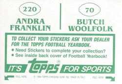 1984 Topps Stickers #70 / 220 Butch Woolfolk / Andra Franklin Back