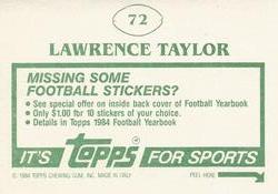 1984 Topps Stickers #72 Lawrence Taylor Back