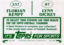 1984 Topps Stickers #87 / 237 Lynn Dickey / Florian Kempf Back