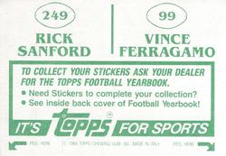 1984 Topps Stickers #99 / 249 Vince Ferragamo / Rick Sanford Back