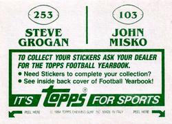 1984 Topps Stickers #103 / 253 John Misko / Steve Grogan Back