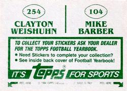 1984 Topps Stickers #104 / 254 Mike Barber / Clayton Weishuhn Back