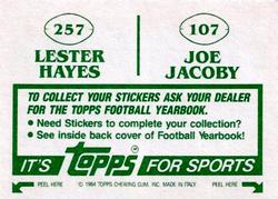 1984 Topps Stickers #107 / 257 Joe Jacoby / Lester Hayes Back