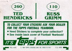 1984 Topps Stickers #110 / 260 Russ Grimm / Ted Hendricks Back