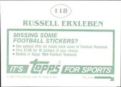 1984 Topps Stickers #118 Russell Erxleben Back
