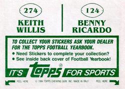 1984 Topps Stickers #124 / 274 Benny Ricardo /  Keith Willis Back