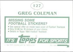 1984 Topps Stickers #127 Greg Coleman Back