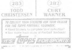 1984 Topps Stickers #282 / 283 Curt Warner / Todd Christensen Back