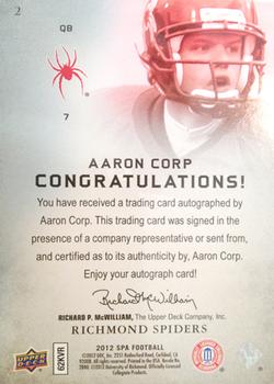 2012 SP Authentic - Autographs #2 Aaron Corp Back