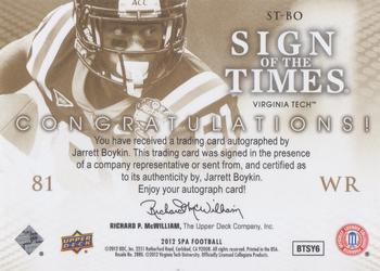 2012 SP Authentic - Sign of the Times Gold #ST-BO Jarrett Boykin Back
