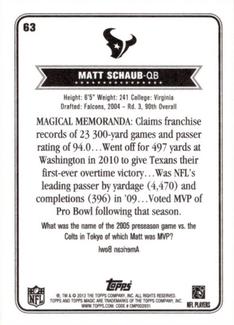 2012 Topps Magic - Mini #63 Matt Schaub Back