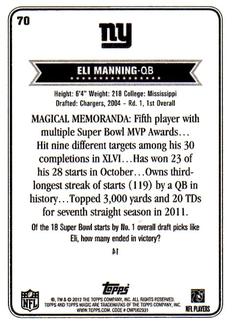 2012 Topps Magic - Mini #70 Eli Manning Back