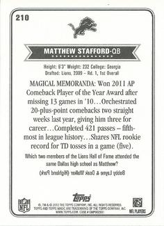 2012 Topps Magic - Mini #210 Matthew Stafford Back