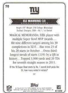 2012 Topps Magic - Mini Blue Border #70 Eli Manning Back