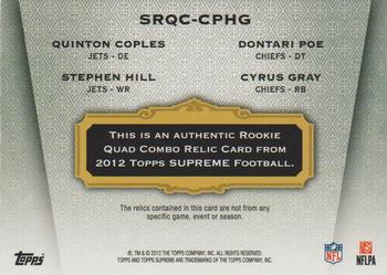 2012 Topps Supreme - Rookie Relic Quad Combos Patch Violet #SRQC-CPHG Quinton Coples / Dontari Poe / Stephen Hill / Cyrus Gray Back