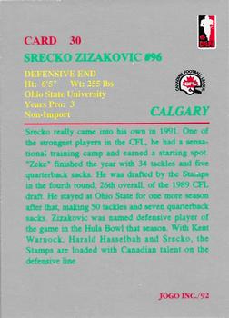 1992 JOGO #30 Srecko Zizakovic Back