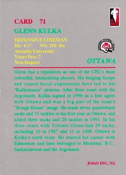 1992 JOGO #71 Glenn Kulka Back