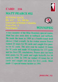 1992 JOGO #116 Matt Pearce Back