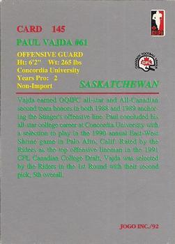1992 JOGO #145 Paul Vajda Back