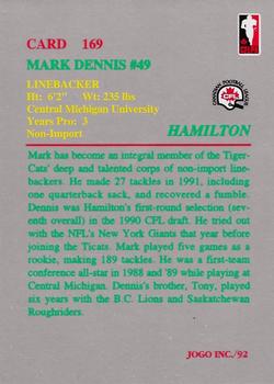 1992 JOGO #169 Mark Dennis Back