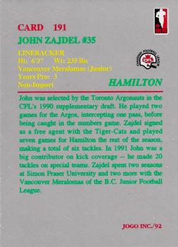 1992 JOGO #191 John Zajdel Back