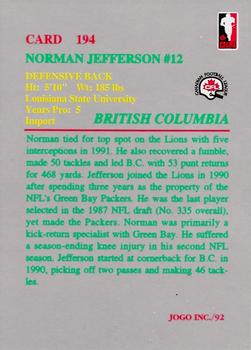 1992 JOGO #194 Norman Jefferson Back