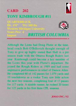 1992 JOGO #202 Tony Kimbrough Back