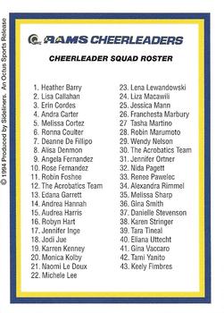 1994-95 Sideliners Pro Football Cheerleaders #NNO Rams Cheerleaders Squad Roster Back