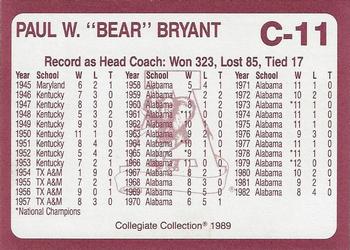 1989 Collegiate Collection Coke Alabama Crimson Tide (20) #C-11 Paul Bear Bryant Back