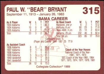 1989 Collegiate Collection Coke Alabama Crimson Tide (580) #315 Paul W. Bryant Back