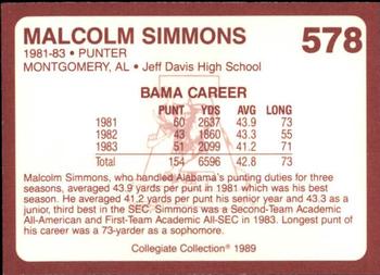 1989 Collegiate Collection Coke Alabama Crimson Tide (580) #578 Malcolm Simmons Back