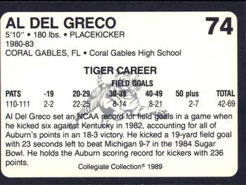 1989 Collegiate Collection Coke Auburn Tigers (580) #74 Al Del Greco Back