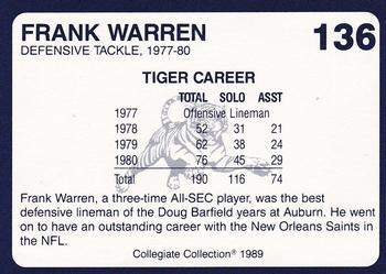 1989 Collegiate Collection Coke Auburn Tigers (580) #136 Frank Warren Back