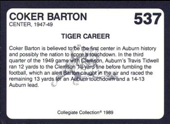 1989 Collegiate Collection Coke Auburn Tigers (580) #537 Coker Barton Back