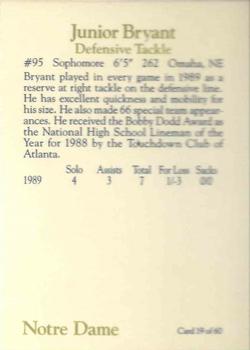 1990 Notre Dame Fighting Irish 60 #19 Junior Bryant Back