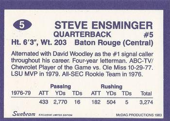 1983 Sunbeam Bread LSU Tigers #5 Steve Ensminger Back