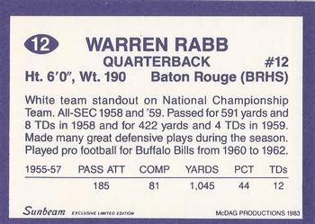 1983 Sunbeam Bread LSU Tigers #12 Warren Rabb Back