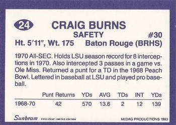 1983 Sunbeam Bread LSU Tigers #24 Craig Burns Back