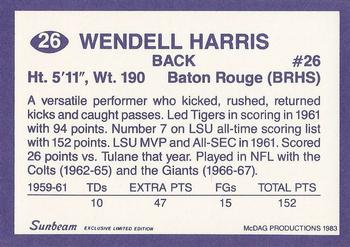 1983 Sunbeam Bread LSU Tigers #26 Wendell Harris Back