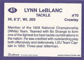 1983 Sunbeam Bread LSU Tigers #41 Lynn LeBlanc Back