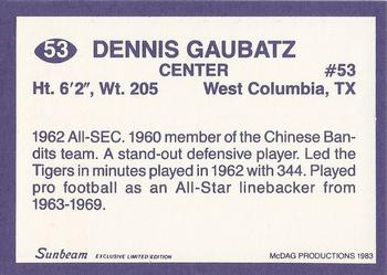 1983 Sunbeam Bread LSU Tigers #53 Dennis Gaubatz Back