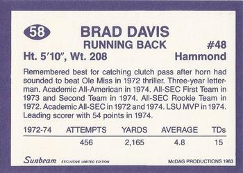 1983 Sunbeam Bread LSU Tigers #58 Brad Davis Back
