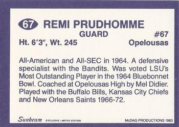 1983 Sunbeam Bread LSU Tigers #67 Remi Prudhomme Back