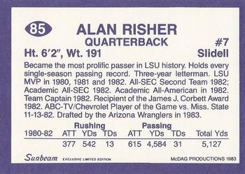 1983 Sunbeam Bread LSU Tigers #85 Alan Risher Back